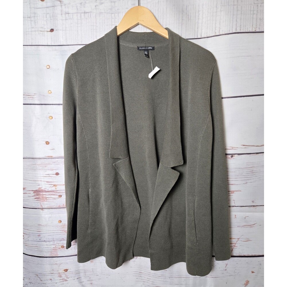 Eileen Fisher Womens Cardigan XXS Olive Green Lapel Open Front Knit Pockets Silk